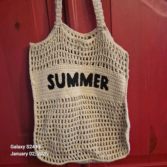 Crocheted Summer Boho Beach Bag Purse Grocery Tote Approx. 14 x 13 Tan Black EUC - Picture 1 of 4